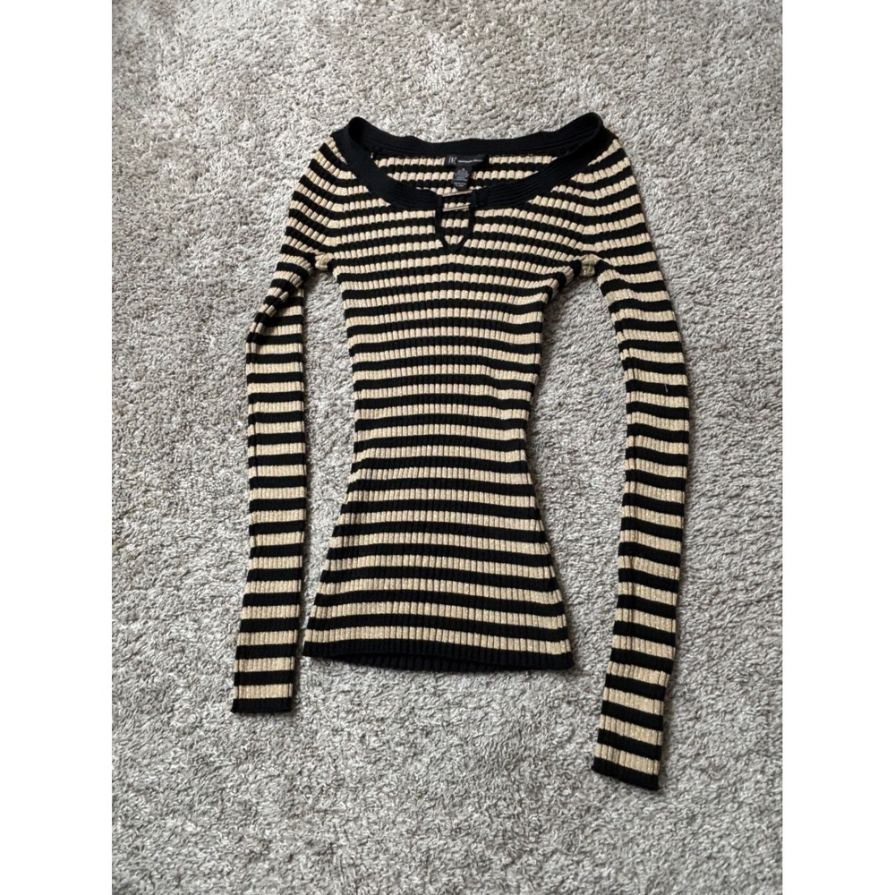 INC International Concepts Silk Ribbed Keyhole Striped Sweater Gold Black M